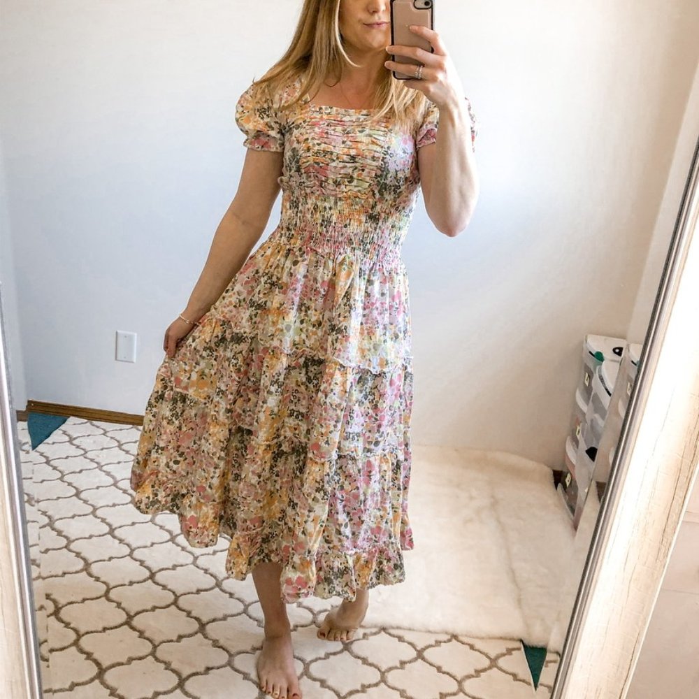 S.R. Fashions Floral Ruffle Tiered Midi Dress Sz S